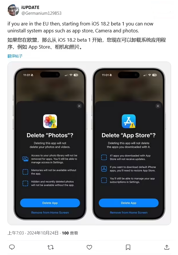 蛟河苹果手机维修分享iOS 18.2 支持删除 App Store 应用商店 